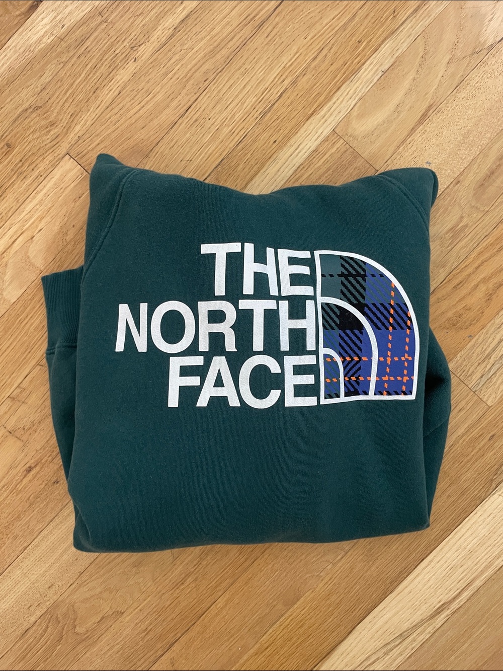 The North Face Dark Green Hoodie with Plaid Logo